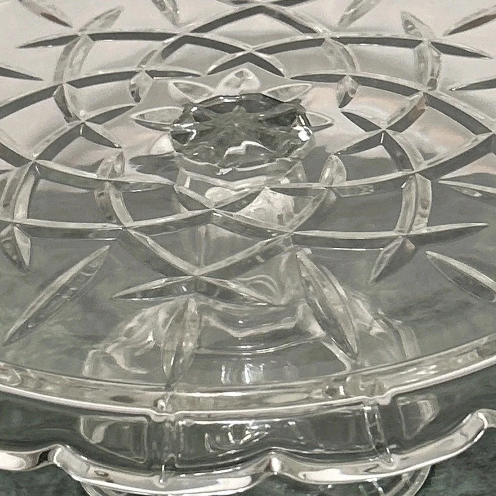 Gorham Lady Anne Clear Pressed Glass Pedestal Cake Stand Starburst Scalloped Rim